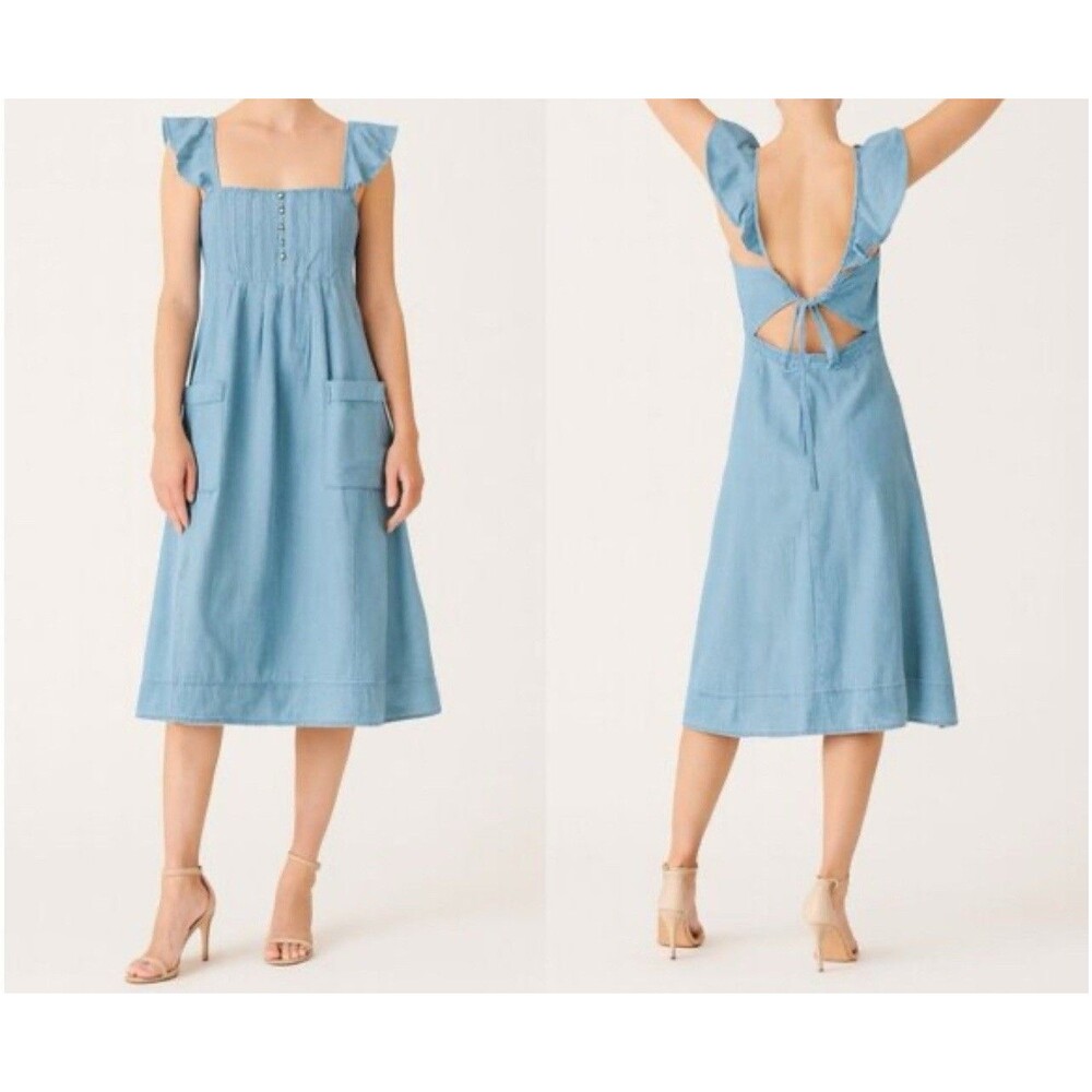 PILCRO x Anthropologie Flutter Sleeve Midi Dress, Blue Denim, Small $160 NWOT